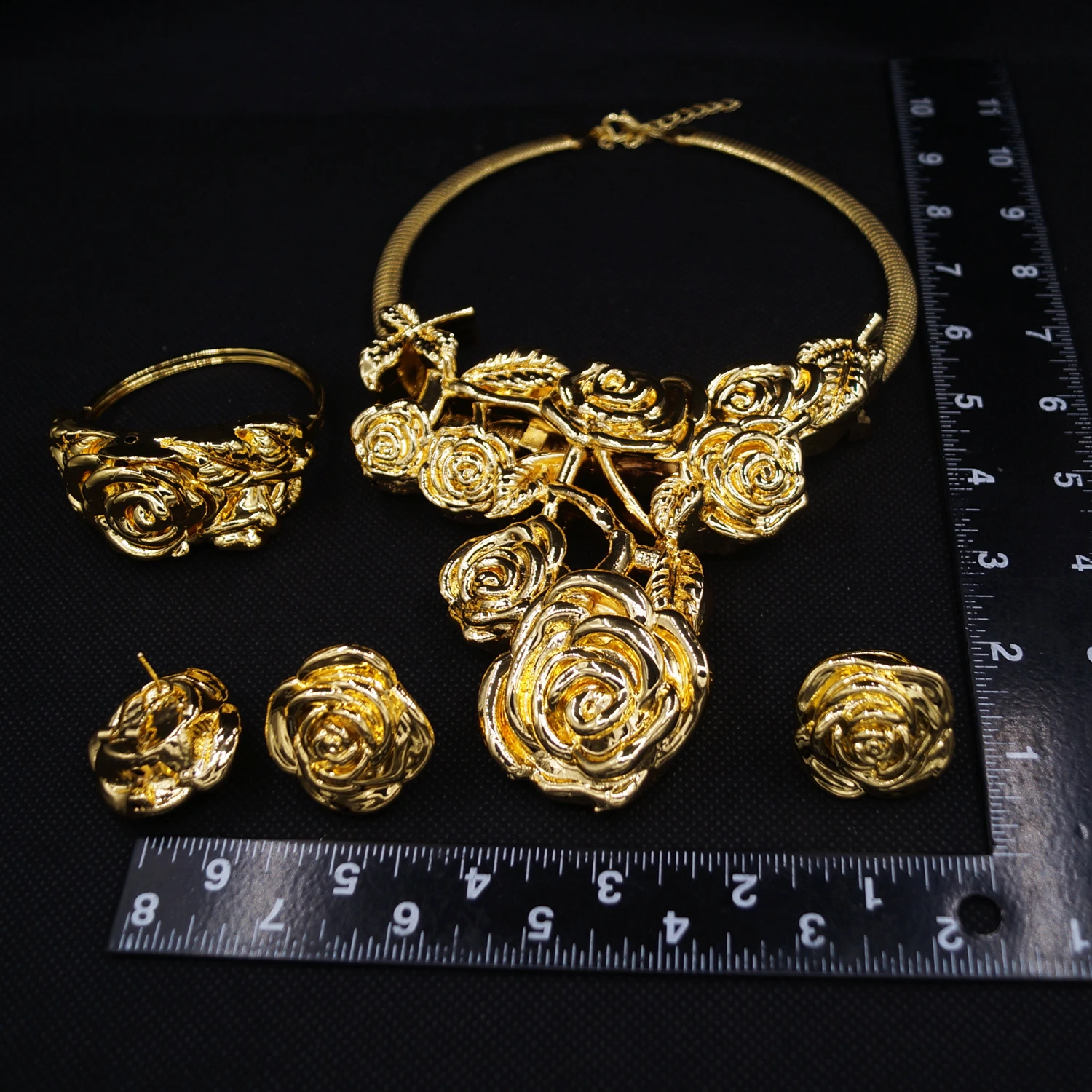 Fashion 24k Gold Plated Flower Jewelry Set Dubai African Choker Necklace Earrings Rings Wedding Bridal Jewellery Sets for Women