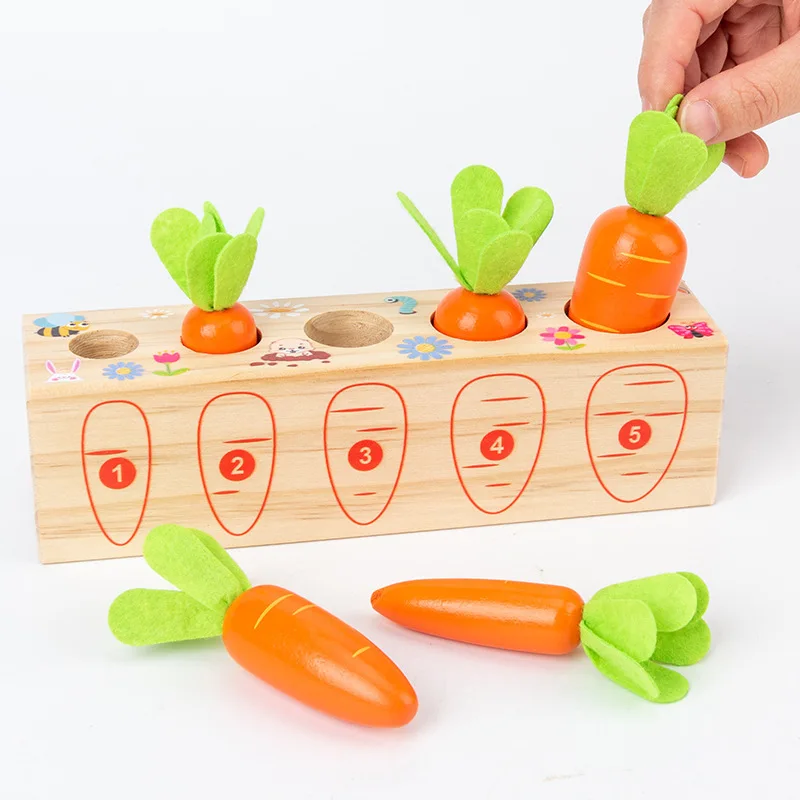 Wooden Carrot Pull Toy Building Block Fruit Game Shape Matching Size Cognition Puzzle Toys Montessori Puzzle Gift for Kids