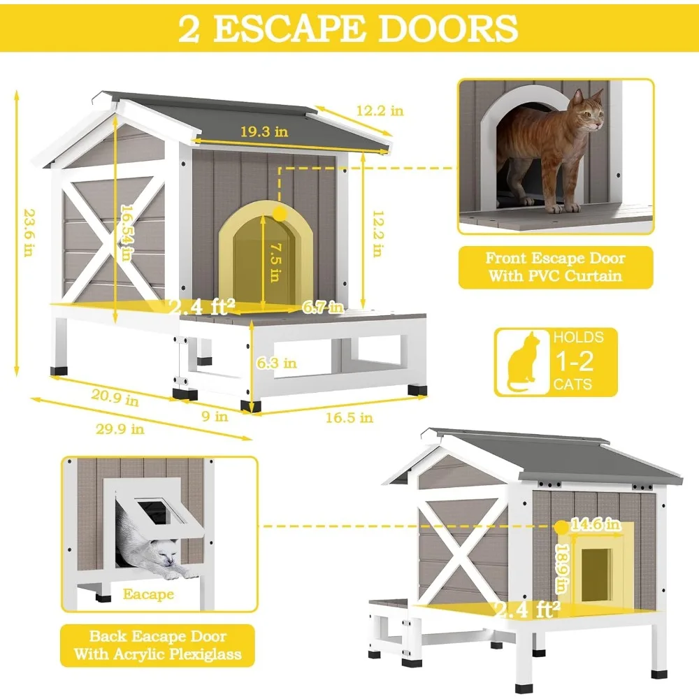 مأوى للقطط معزول للاستخدام الخارجي مع مخرج مزدوج للقطط الحرمية - مقاوم للعوامل الجوية وحماية لجميع المواسم