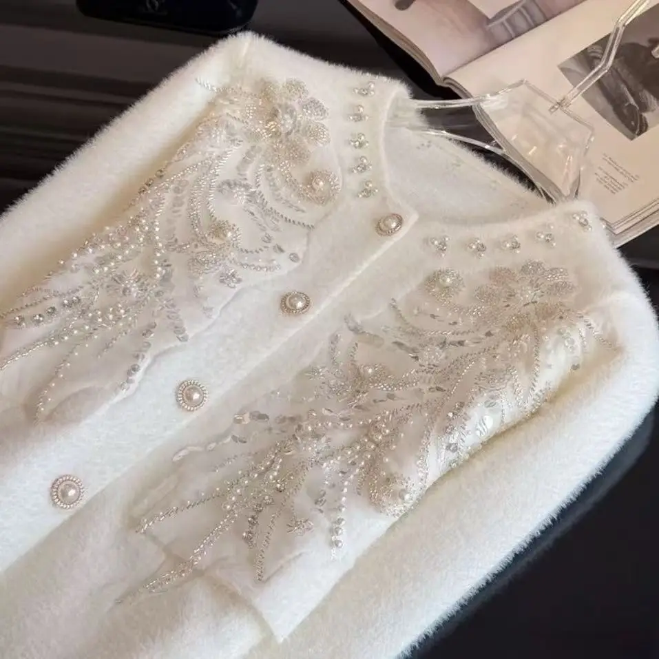 

Luxury Design Sweaters Autumn Winter Knitwear Coat Faux Fur Sleeve Knitted Cardigan Top Women's New Trend White Sweater