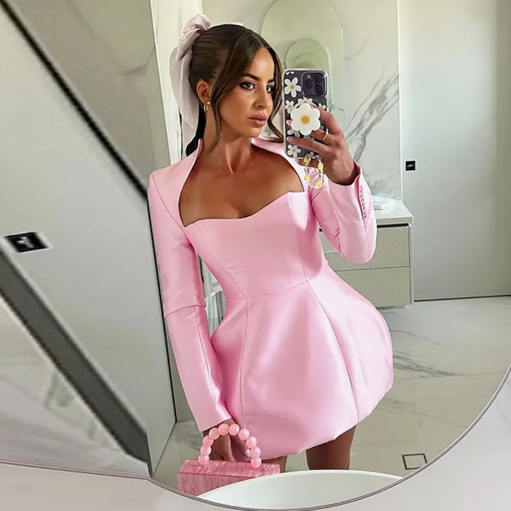 Square Neck Baby Pink Mini Length A-line Party Dress Puffy Long Sleeve Simple Prom Dresses Plus Size Casual Gown Pretty