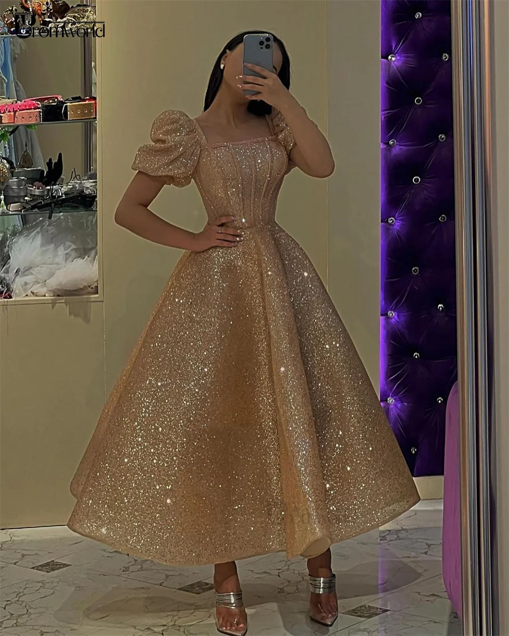 Sparkling Sequin Gold Princess Prom Dresses Tea Length Robes De Soirée Arabic Dubai Evening Dress Puff Formal Party Ball Gowns