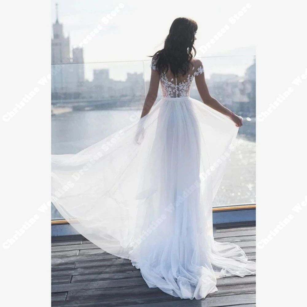 Vestido De Novia blanco puro elegante con hombros descubiertos, longitud De trapeado, apliques De encaje modernos, abertura lateral, nuevo