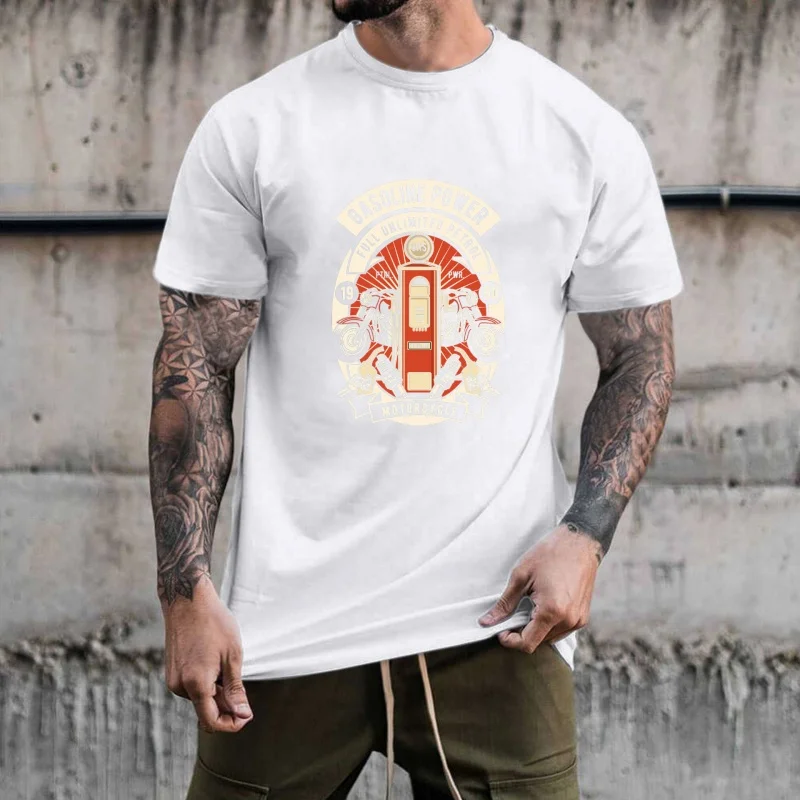 Retro Gas Station & Motorcycle Pattern Heat Transfer White Ink Iron - on, Trendy & Stylish, Suitable for T - shirts, Canvas