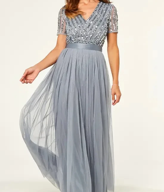 New Sequined Ladies Bridesmaid Dress Short-sleeved V-neck Swing Evening Dress Temperament Banquet Gown Mother Wedding Dress