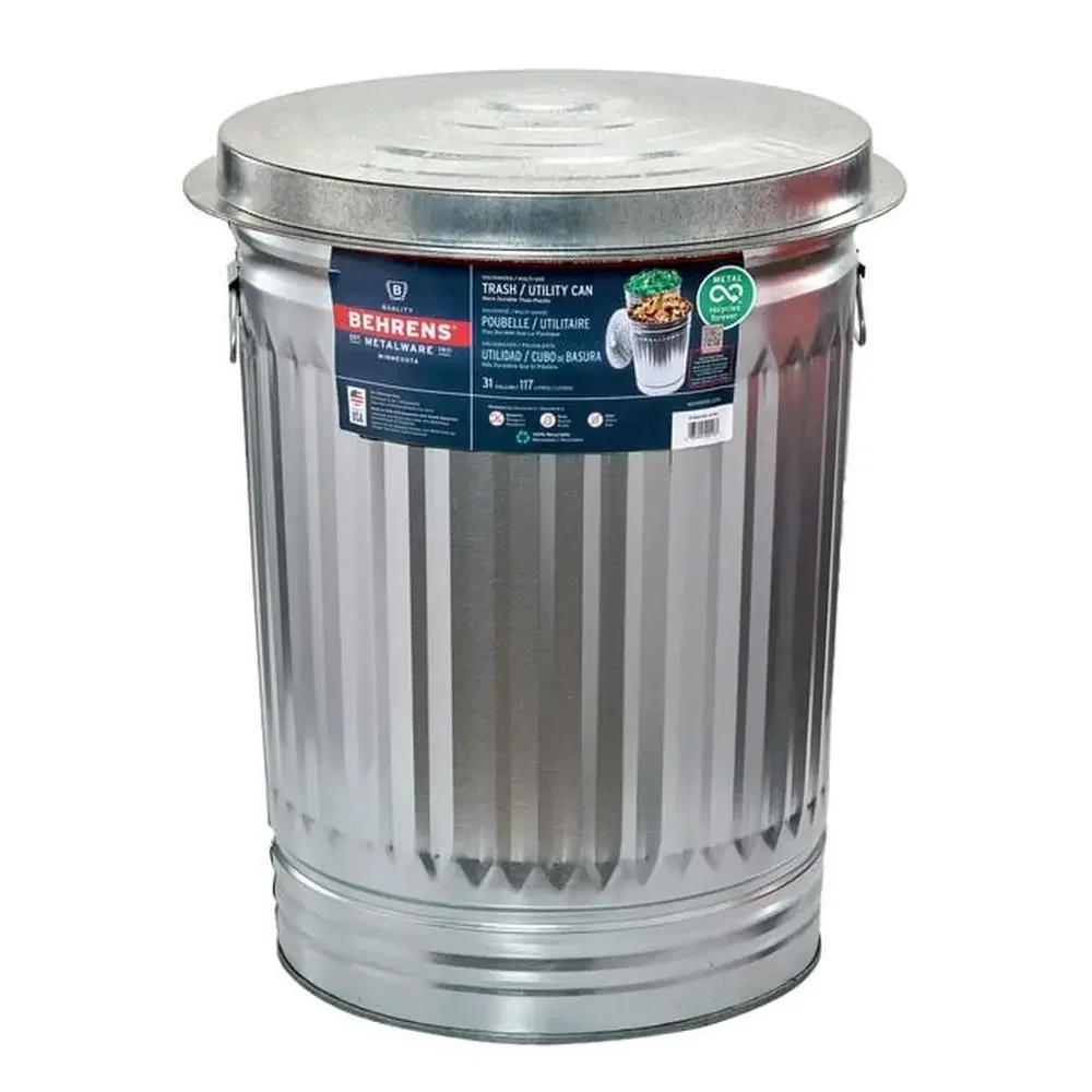 31-Gallon Galvanized Steel Trash Can with Infinity Lid Durable Weather Resistant 100% Recyclable Ideal Kitchen or Outdoor Use