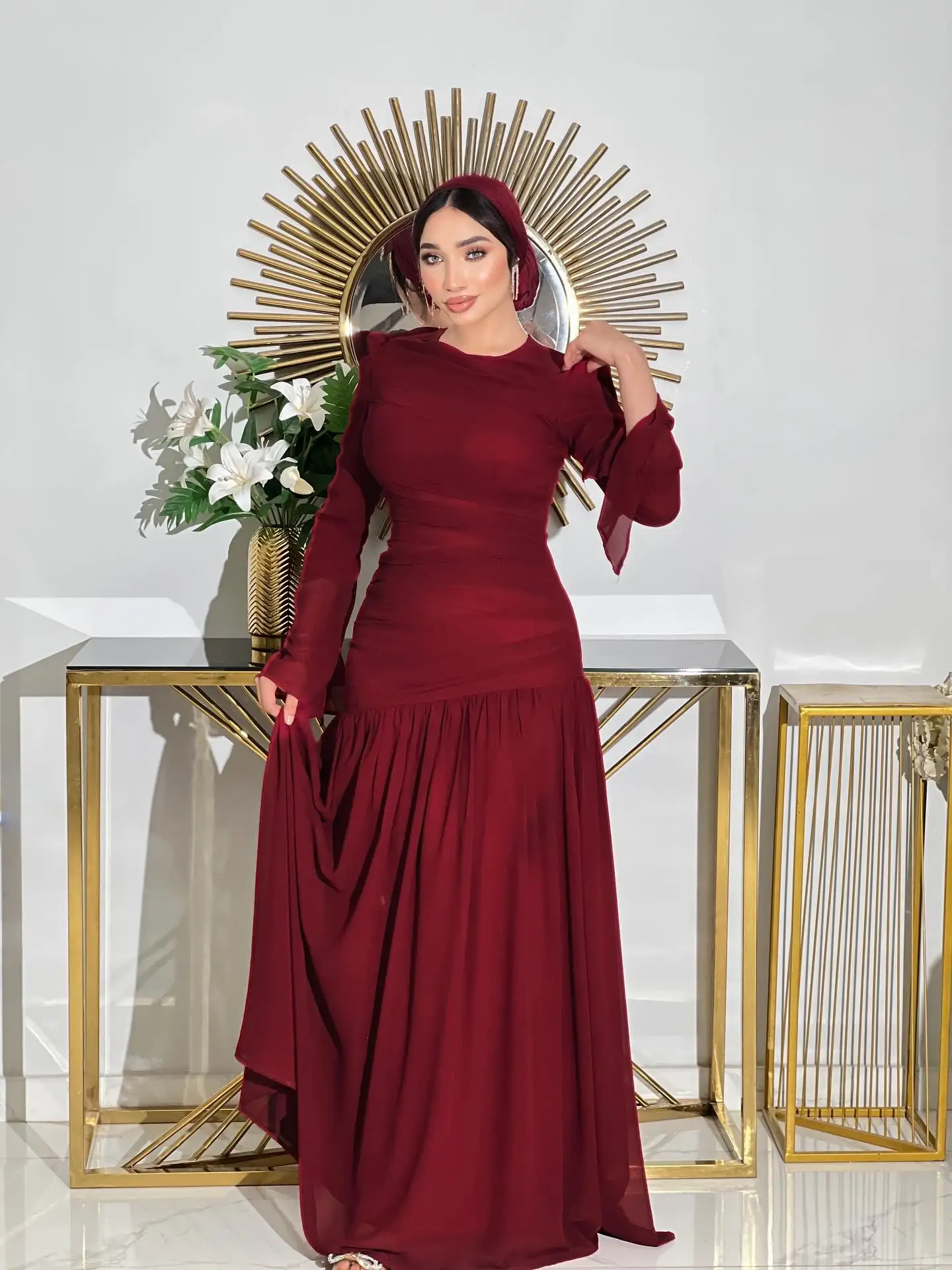 Vestido de fiesta elegante con cuello redondo para mujer, medalla personalizada, gasa plisada, largo hasta el suelo, vestido de noche para fiesta, vestidos para ocasiones especiales