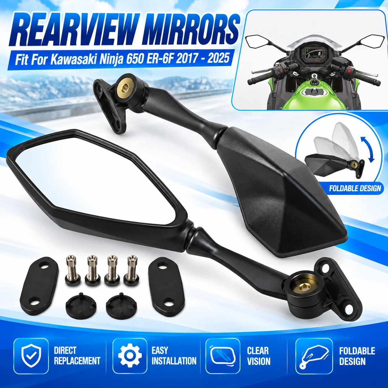 Fit For Kawasaki Ninja 650 2017 - 2025 Motorcycle Rearview Mirrors Ninja650 ER6F EX650 2018 2019 2020 2021 2022 2023 2024