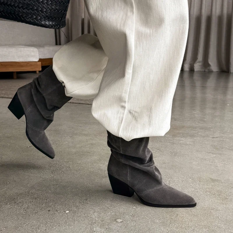 2027 New Autumn Women Boots Cow Suede Leather Women Shoes Pointed Toe Chunky Heel Slip-on Mid-calf Modern Boots Western Boots