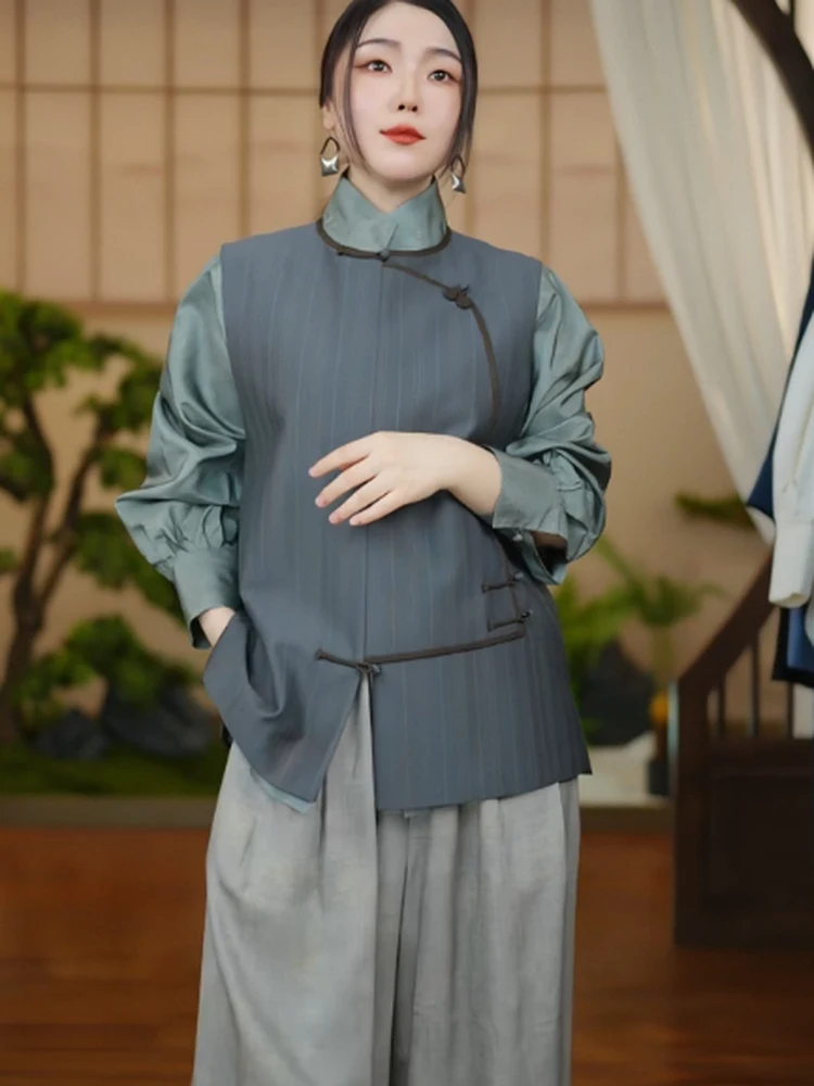New Chinese Style  JF Vest Top Women's Loose Fit Sleeveless round Neck Single Button Closure Traditional Costume