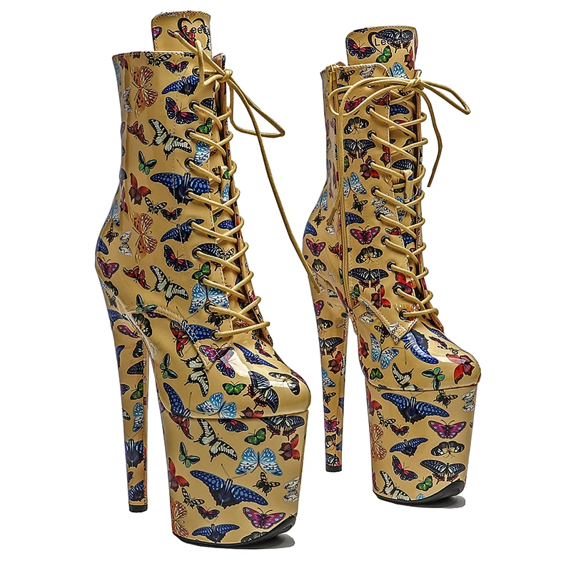 Leecabe 20CM/8 pulgadas PU superior patrón de mariposa zapatos de baile de barra tacones altos bota de baile en barra