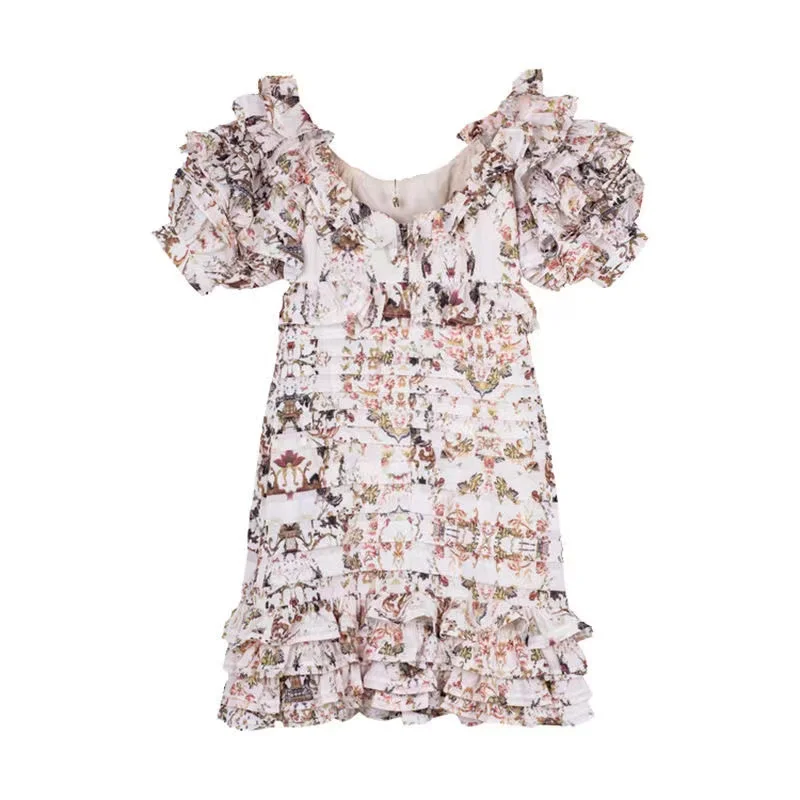 Special Price High Quality Elegant Woman Mini Dress Flower Print Puff Sleeve Ruffles Sexy Female Dress