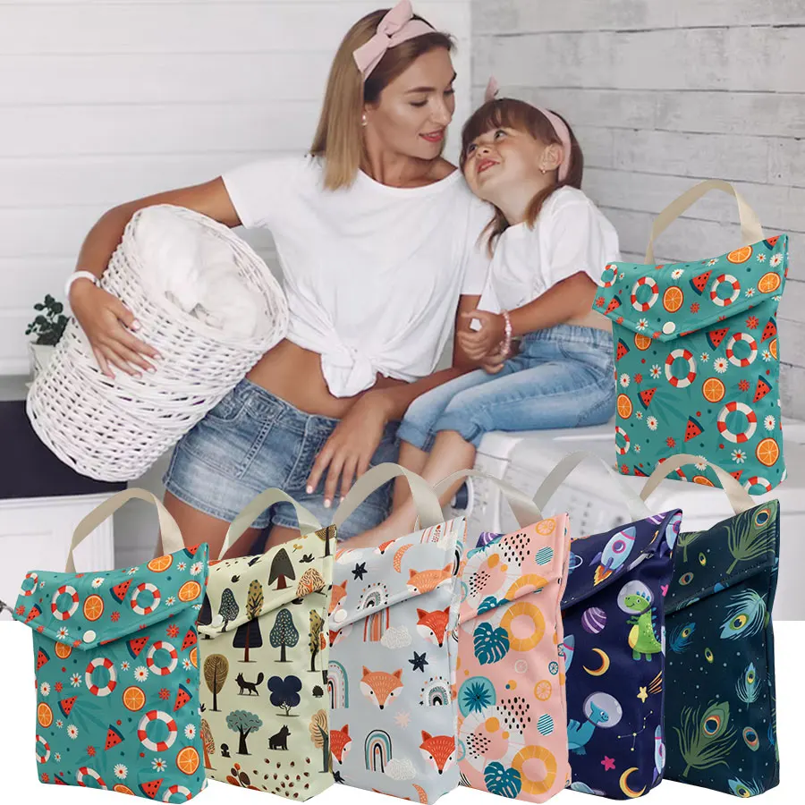 Printed Baby Diaper Bag Large Capacity Reusable Washable Waterproof Durable Storage Pouch With Handle For Outdoor Travel