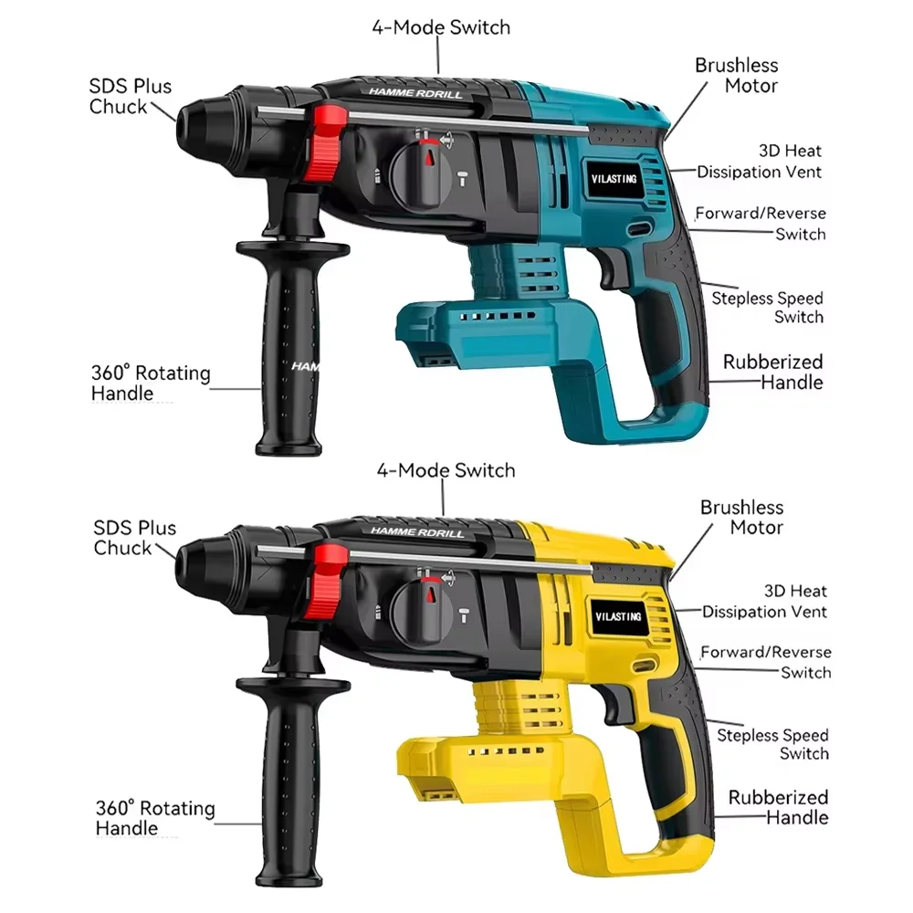 Brushless VILASTING 26MM Electric Hammer Drill Multifunctional Rotary Cordless Power Tools For Dewalt/Makita 18V Battery Pins