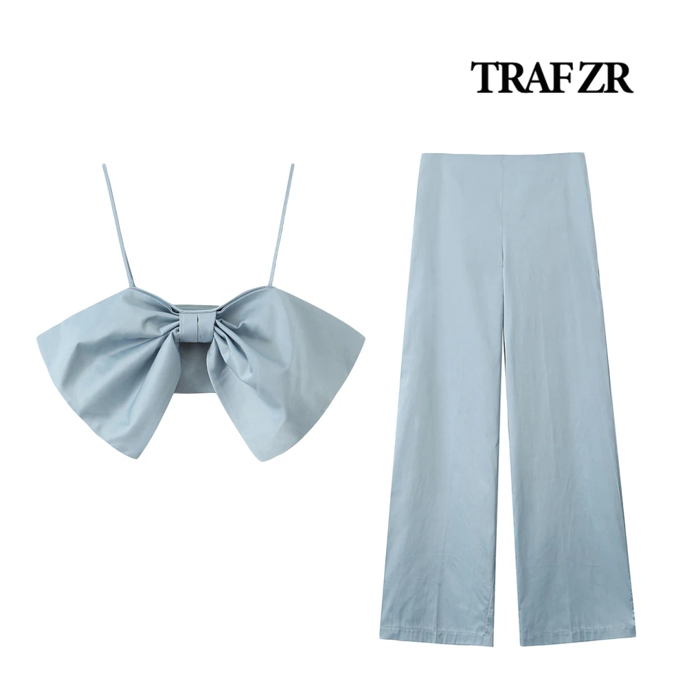 

TRAF ZR Sexy 2 Piece Sets Womens Outfits Trouser Sets Satin Pants Sets Cropped Corset Front Bow + Wide Leg Pants Side Zipper