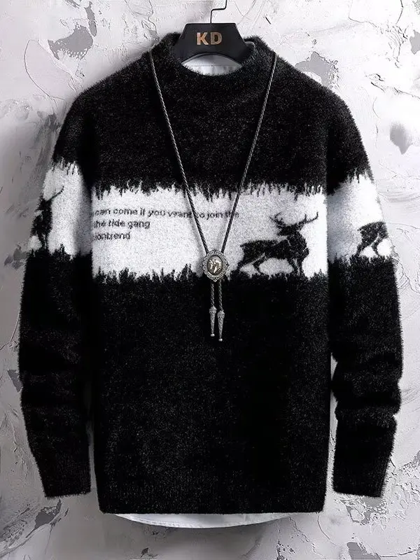 

Men's Thiened f-High Collar Knitted Sweater Faionable Mink Velvet Loose Fit Warm Base Layer irt for Autumn Winter