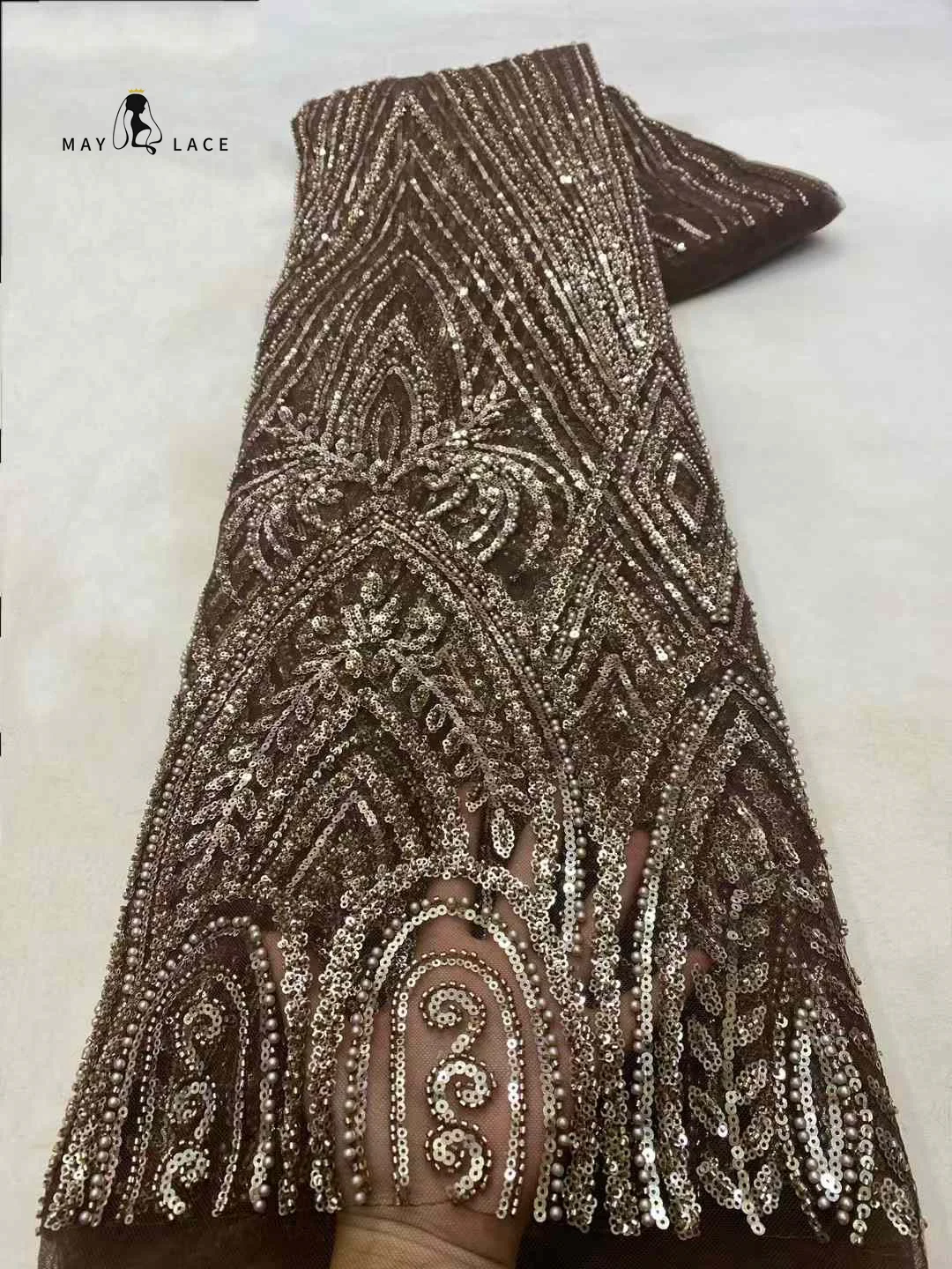 Brown Beaded Sequins Lace Fabric Latest African Lace Fabric 2025 High Quality Wedding Party Dress Material For Chic Dress Sewing