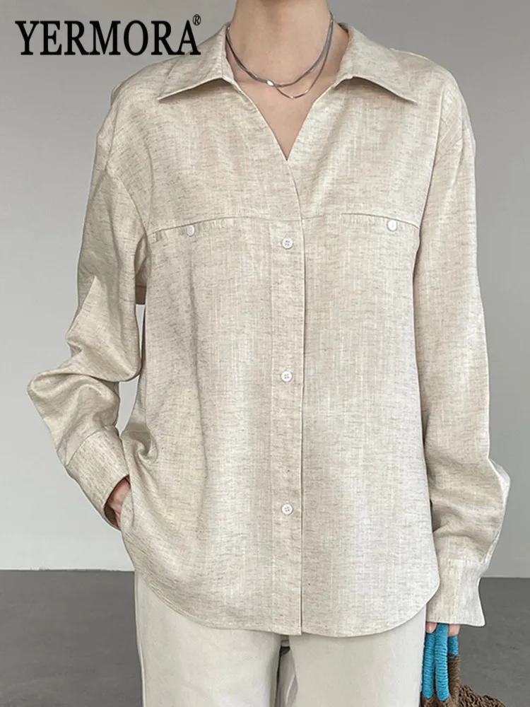 

YERMORA Khaki Linen Button Brief Casual Blouse For Women Lapel Long Sleeve Loose New Shirt Fashion Tide Spring Autumn 2026