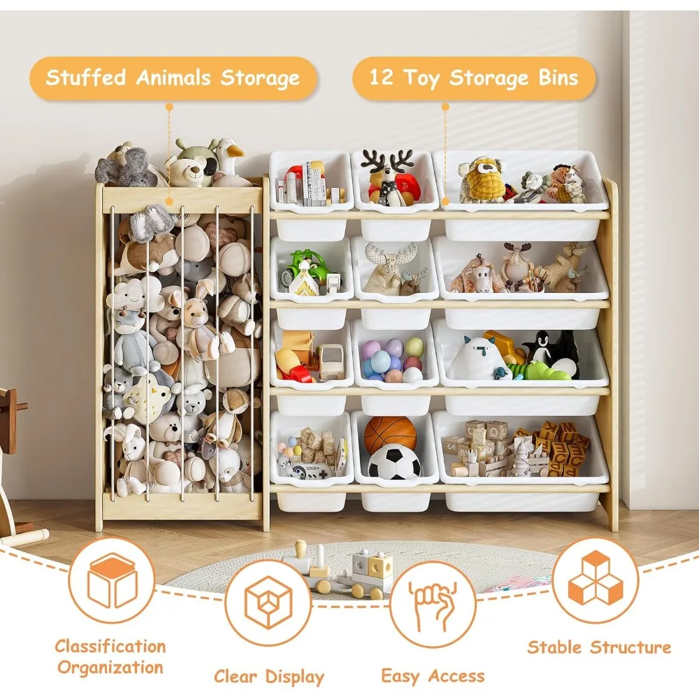 لعبة خشبية مزدوجة الأغراض ومنظم تخزين الحيوانات المحشو مع 12 صندوقًا
