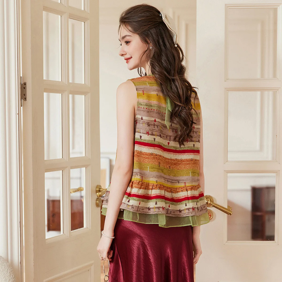 LOUIS YAO Printed Ruffle Edge Shirt 2025 Summer Fashion Retro Color blocked Elegant Temperament Sleeveless Round Neck Shirt