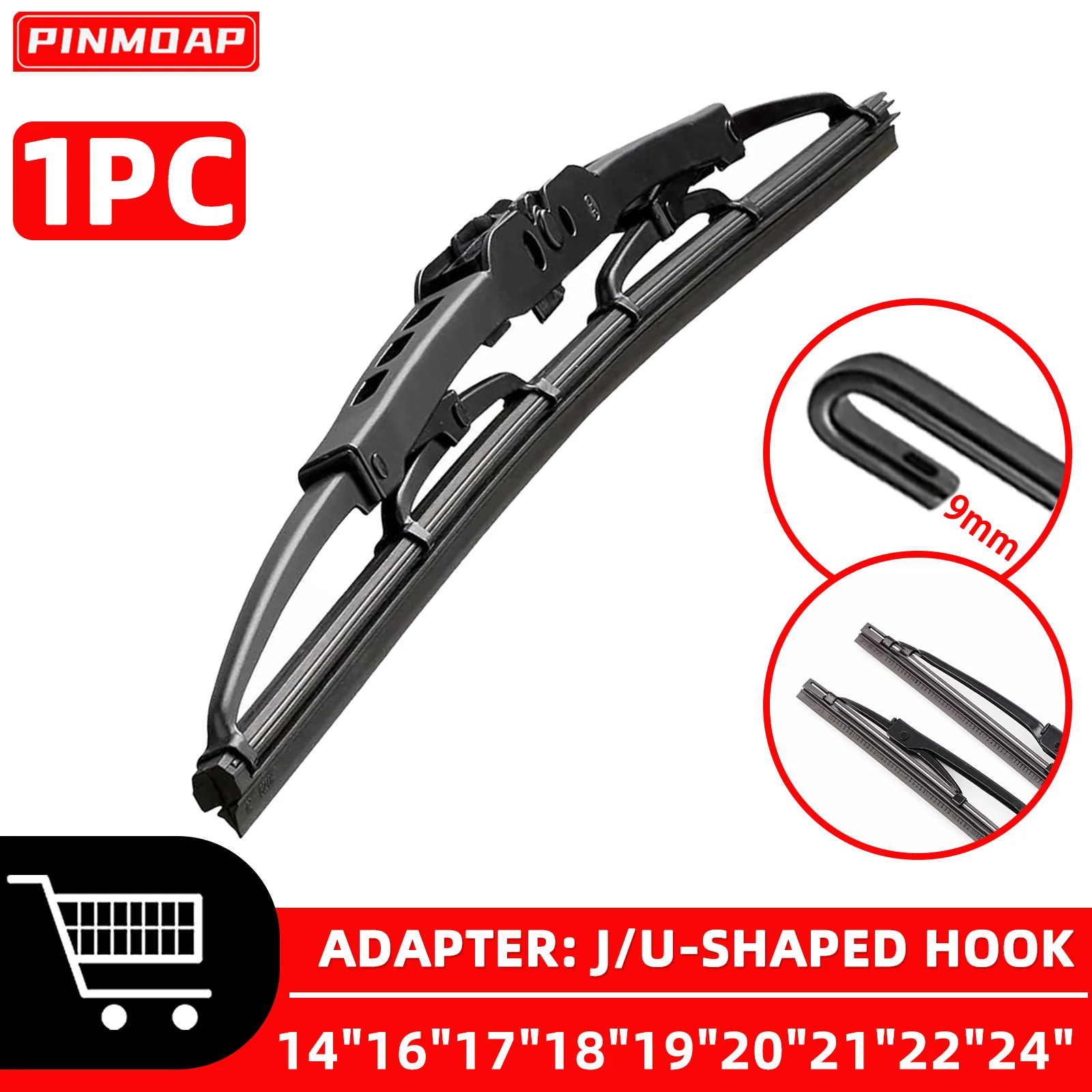 PINMOAP Limpador de Para-brisa Dianteiro Universal com Gancho U/J de 9mm, Estrutura de Ferro e Borracha Natural, Acessórios 14"16"18"19"20"21"22"24"
