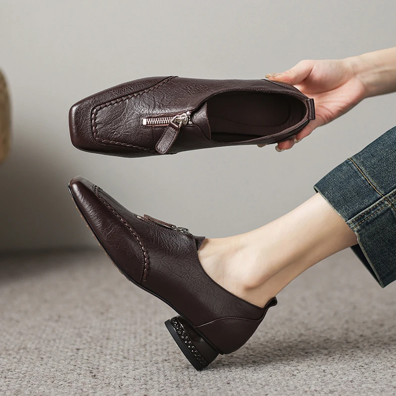 2026 spring summer women pumps natural leather 22-25cm cowhide+sheepskin square toe zip thick heel loafers women shoes
