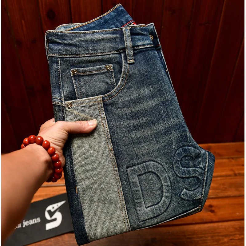 Fashionable high-end jeans for men, slim fit, small feet, washed retro patchwork design, trendy and luxurious men's pants