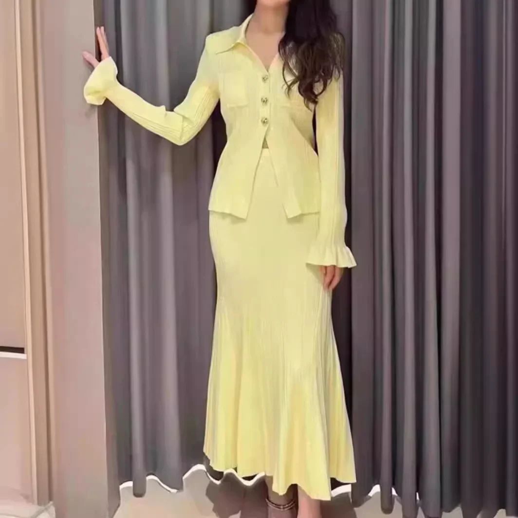 Yellow Two-piece Suit 2024 Women New V-neck Metal Buckle Knitted Top or Slim Elegant Skirt Set