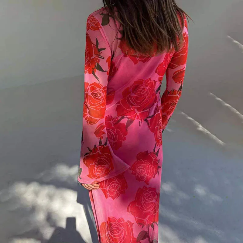 Blifanbo Print Flower Elegant Maxi Dress Women O Neck Fashion Long Sleeve Slim Sexy Print Patchwork Female Holiday Long Dress