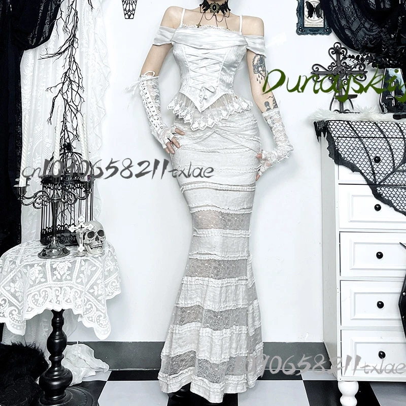 Set di abiti a sirena in pizzo natalizio Y2K con spalle scoperte e cinturino a catena e gonna a coda di pesce Festa gotica Halloween Abbigliamento elegante quotidiano