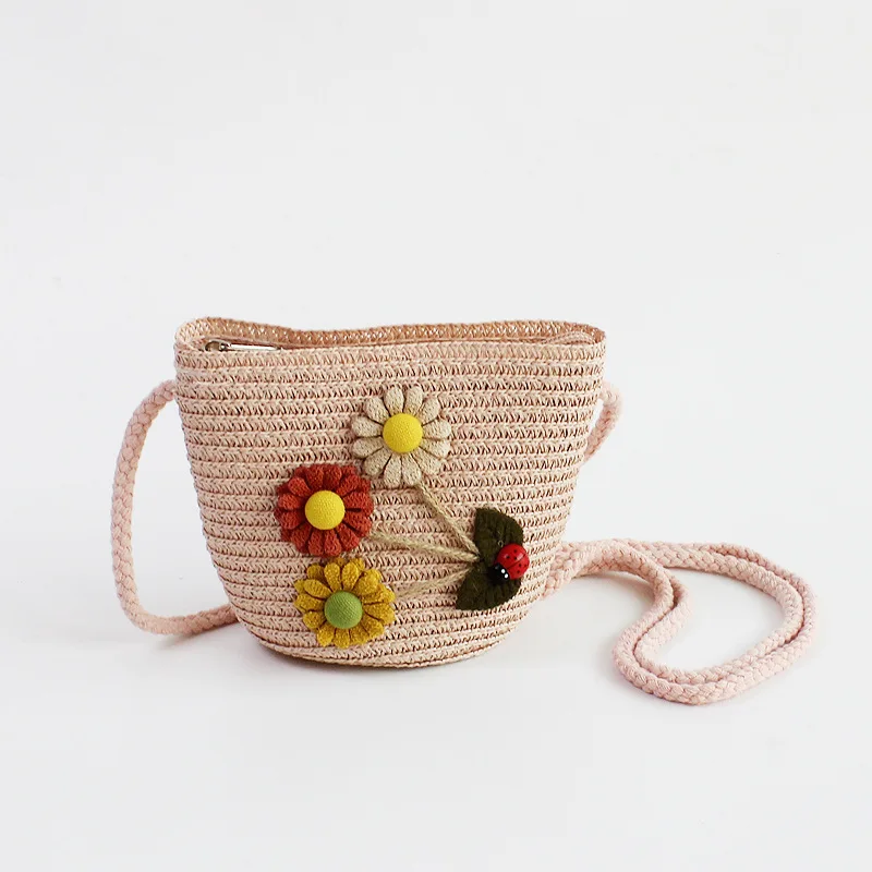 Cartoon Baby Girls Coin Purse Casual Travel Beach Straw Bag Small Crossbody Bags for Children Cute Flower Bow Kids Shoulder Bags