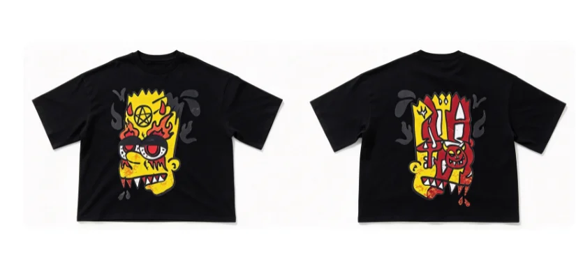 Front and back printed cartoon characters' patterns. Short-sleeved top. Modern Y2K street style.Suitable for both men and women.