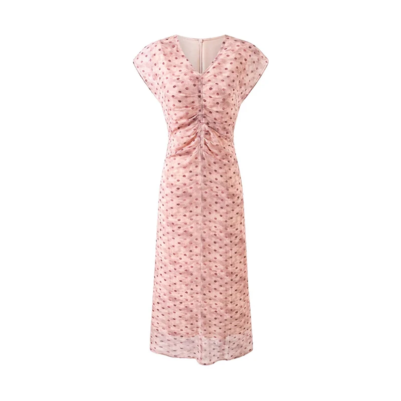 YENKYE 新ファッション女性フレンチスタイルドットプリントサマードレス半袖 V ネック A ラインエレガントなホリデードレスミディローブ