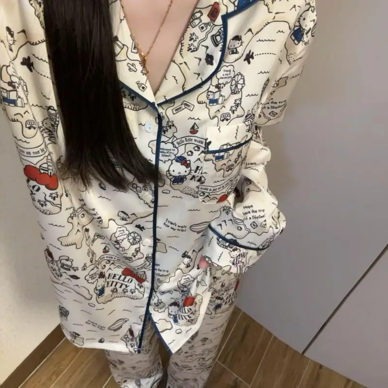 

Kawaii Anime Sanrio Cartoon Hello Kitty Pajamas Kawaii Comfortable Cardigan Large Size Two-Piece Set Cute Girls Home Clothes