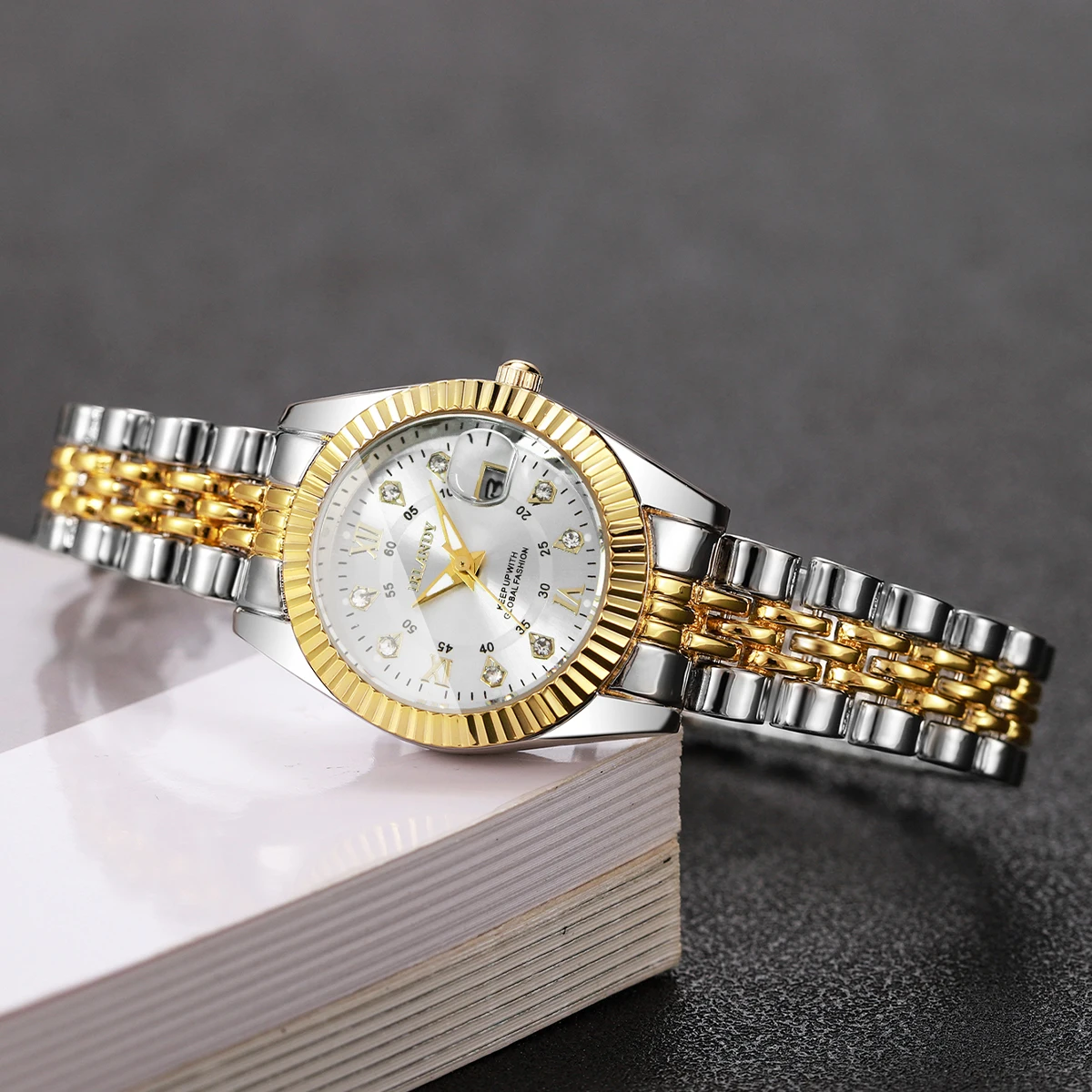 Modische Damen-Quarzuhr mit Roma-Zifferblatt, Strass, Edelstahl, Kalender, Armbanduhren, Reloj Mujer, Geschenk (ohne Box) – Detail 20