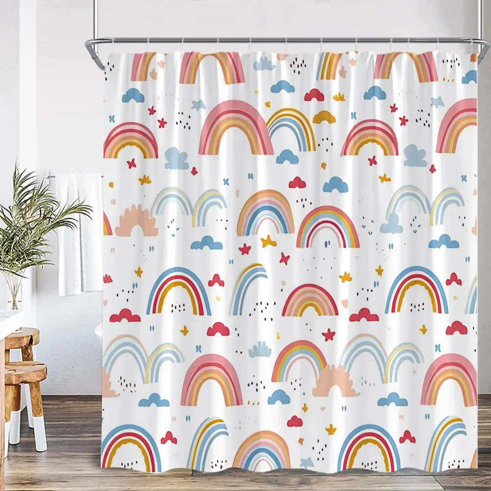 Cartoon Rainbow Kids Bathroom Shower Curtain Hand-painted Cute Pattern Children Bathtub Decor Children Polyester Bath Curtain