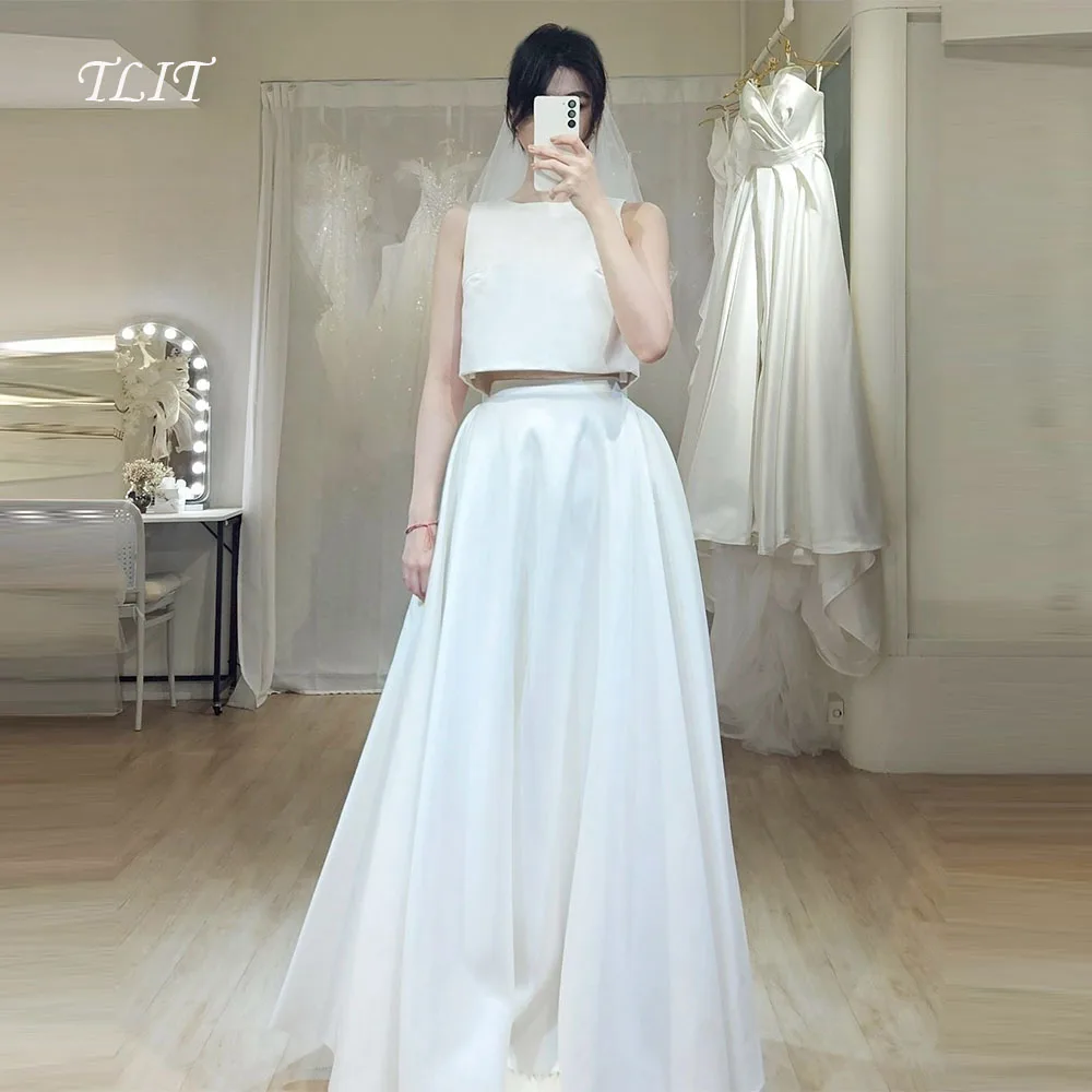 TLIT Simple White Silk Satin Two-Pieces Wedding Dresses Customized O-Neck Bridal Gowns Korea Wedding Dresses Photos Shoot