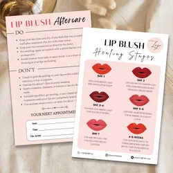 Tarjeta PMU de cuidado posterior, instrucciones, rubor labial, proceso de curación de tatuajes, tarjeta de cuidado de negocios de belleza pequeña, logotipo de tarjetas de lealtad personalizadas