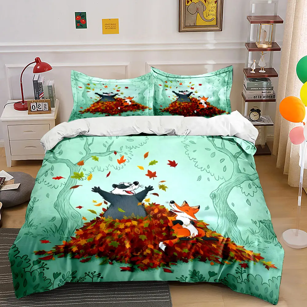 

Joyful animals in autumn leaves Print Bedding Set 1 Duvet Cover 2 Pillowcases for Adult and Children Luxury Gift Full Size