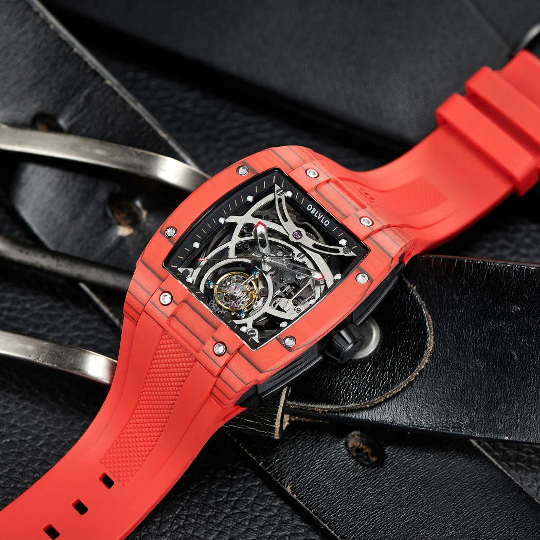 مستطيل العلامة التجارية الأصلية موضة توربيون التلقائي ساعة رياضية للرجال الهيكل العظمي مضيئة حزام مطاط مقاوم للماء EM-RT