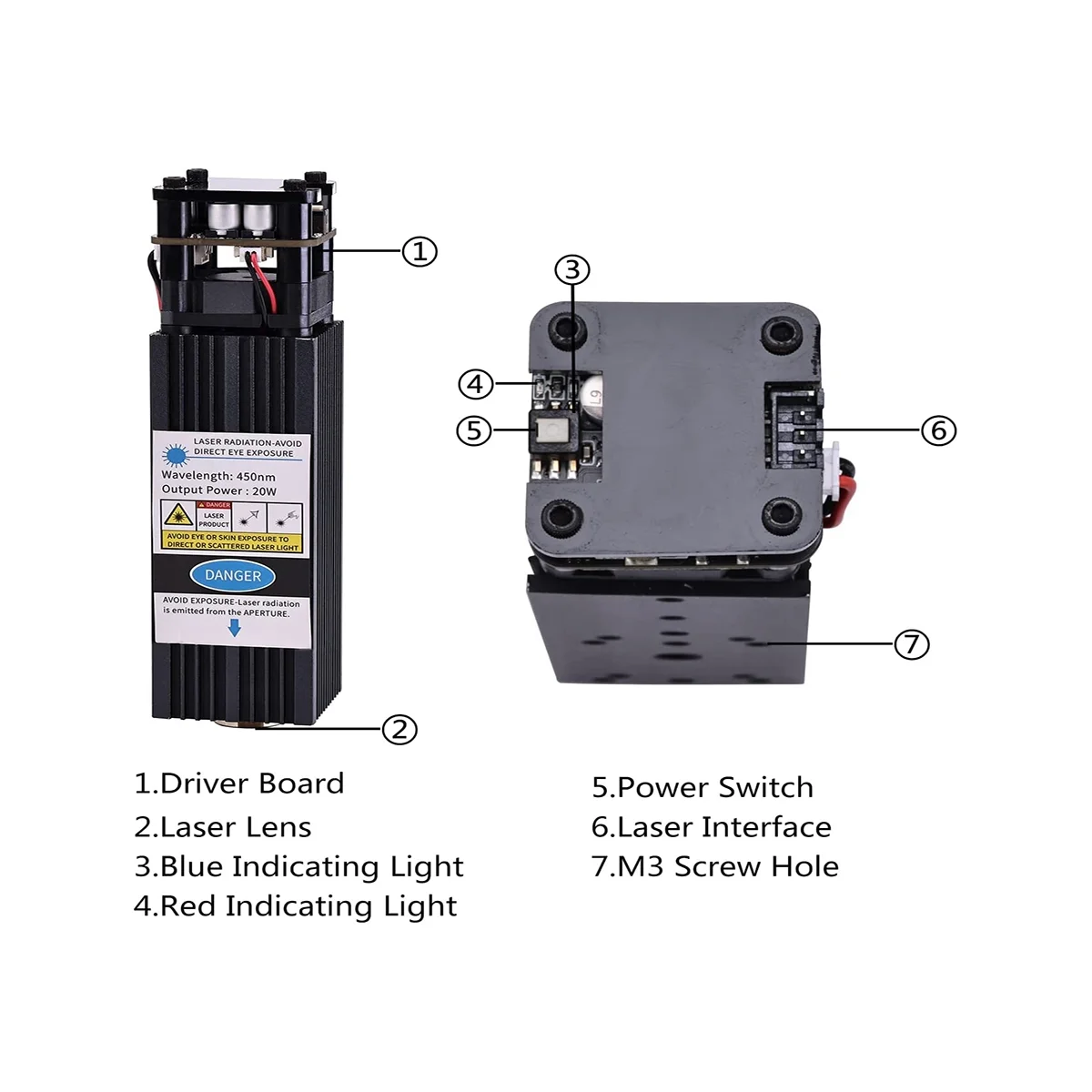 20W Laser-Module Kit for 4540 CNC Router Machine,5.5W Optical Power 12V 450Nm Laser-Head with 7.5 Ft Cable,for Wood