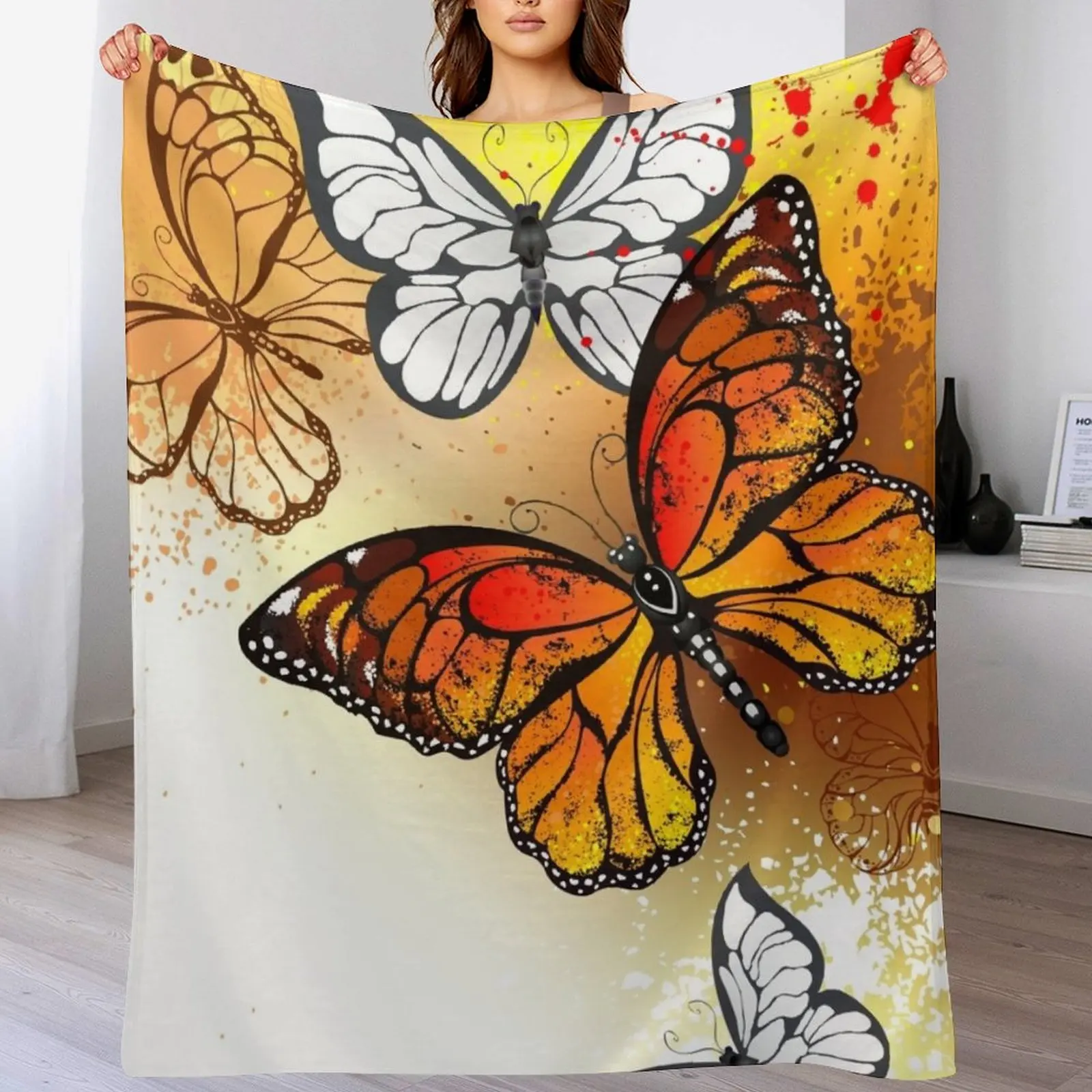 Summer Butterflies Monarchs ( Orange Butterfly ) Throw Blanket For Sofa Thin manga Flannels Blankets