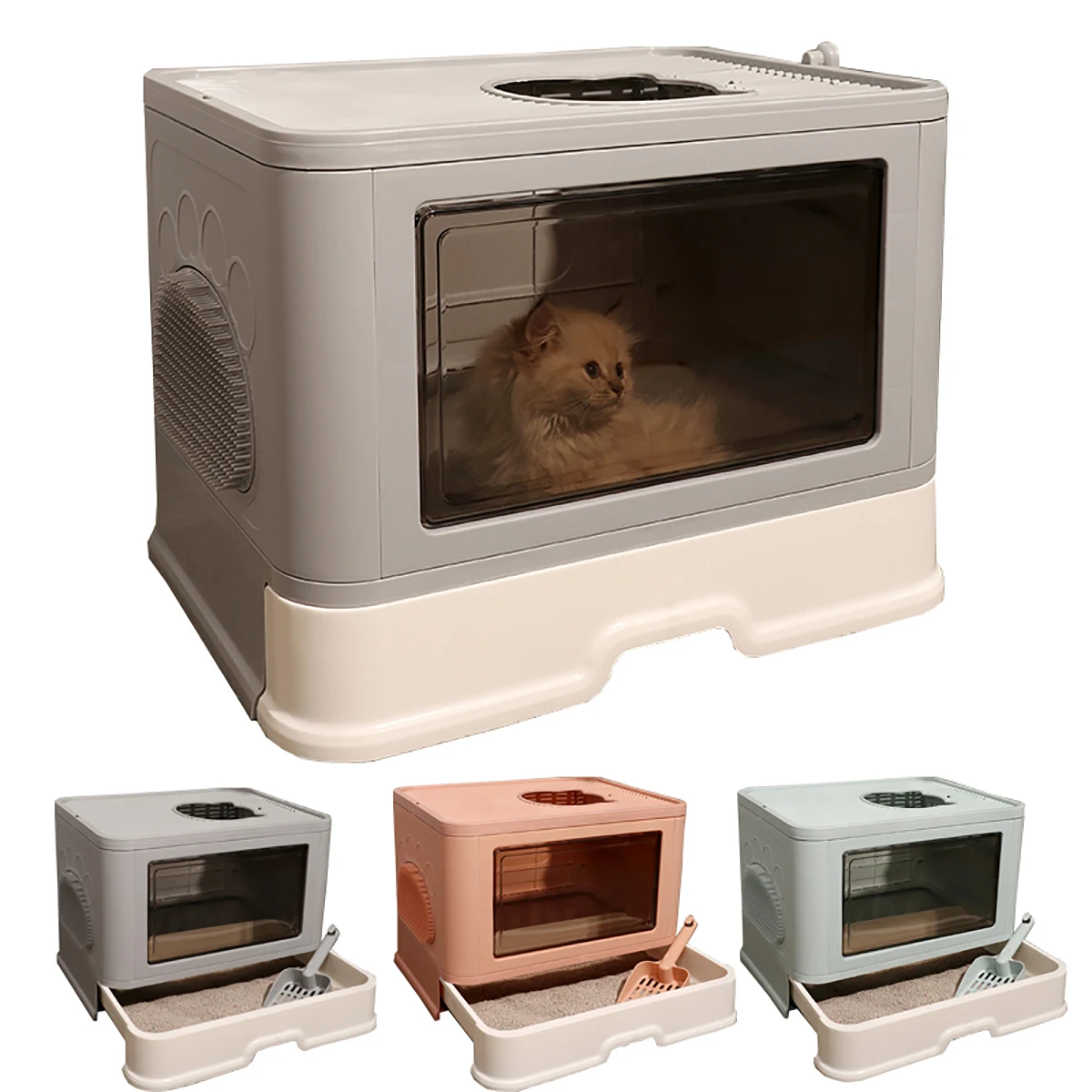 Bac à litière pliable pour chat, pot fermé résistant aux éclaboussures avec cuillère de toilette pour chat, facile à nettoyer pour chats et chatons, entrée avant supérieure