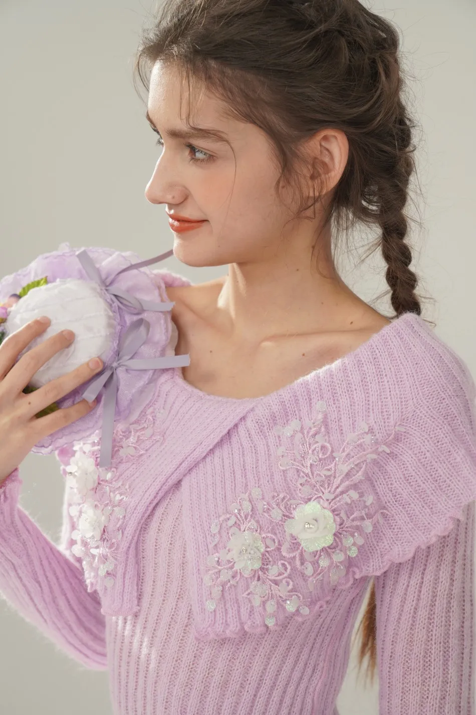 

76-110cmBust Spring Fall Short Pullovers Women Elegant Slim Handmade Beadings Flowers Sequins Sexy Boat Neck Wool Blend Sweaters