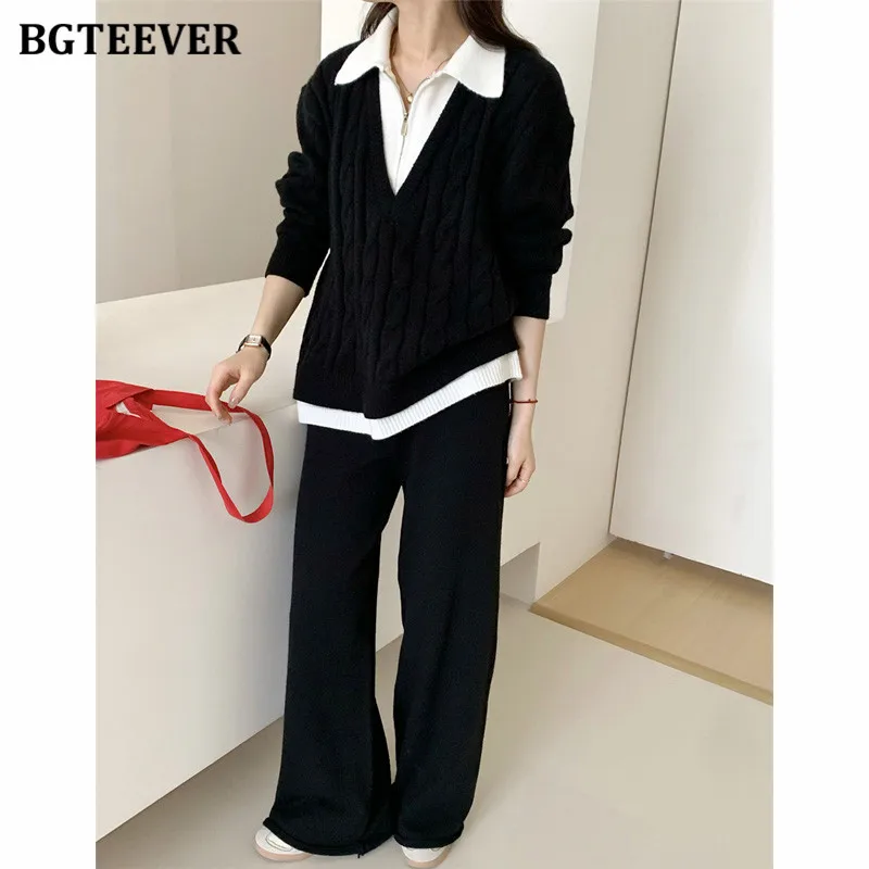 BGTEEVER Warm Women Knitted 2 Pieces Set Long Sleeve Patchwork Sweaters Female Knitting Pants Autumn Winter Tracksuits