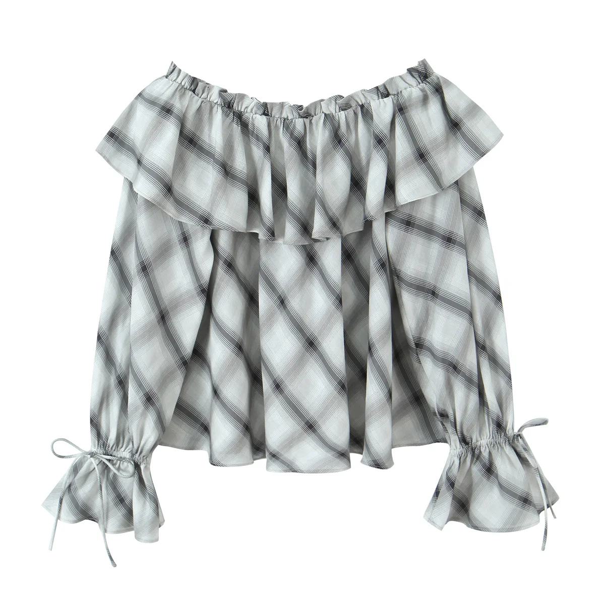

Французская винтажная черно-белая клетчатая антивозрастная короткая рубашка с уникальным рукавом-бабочкой, женский топ из шифона, повседневный стиль, с круглым вырезом, хит продаж