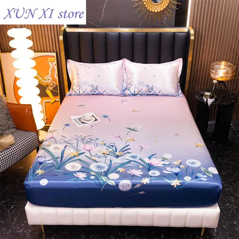 New Coolling Fitted Sheet Satin Bed Sheet for Double Bed Butterfly Printed Bed Cover Queen/King Bed Sheet(pillowcase need order)