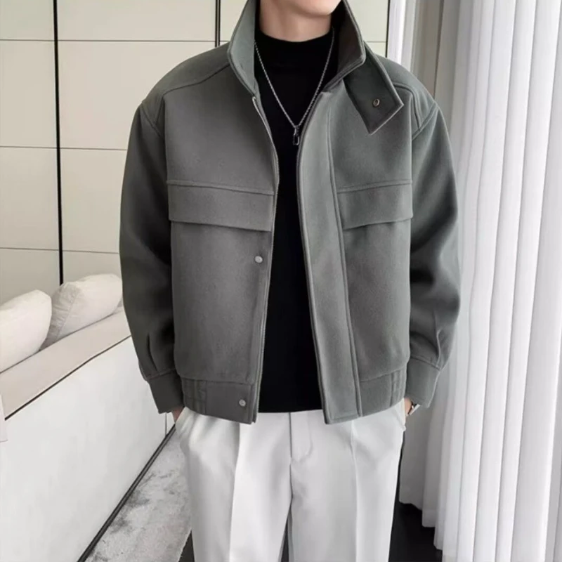 

​Premium Wool Coat for Men Korean Style Standing Collar Short Jacket with Lapel Autumn Winter Streetwear Outerwear​