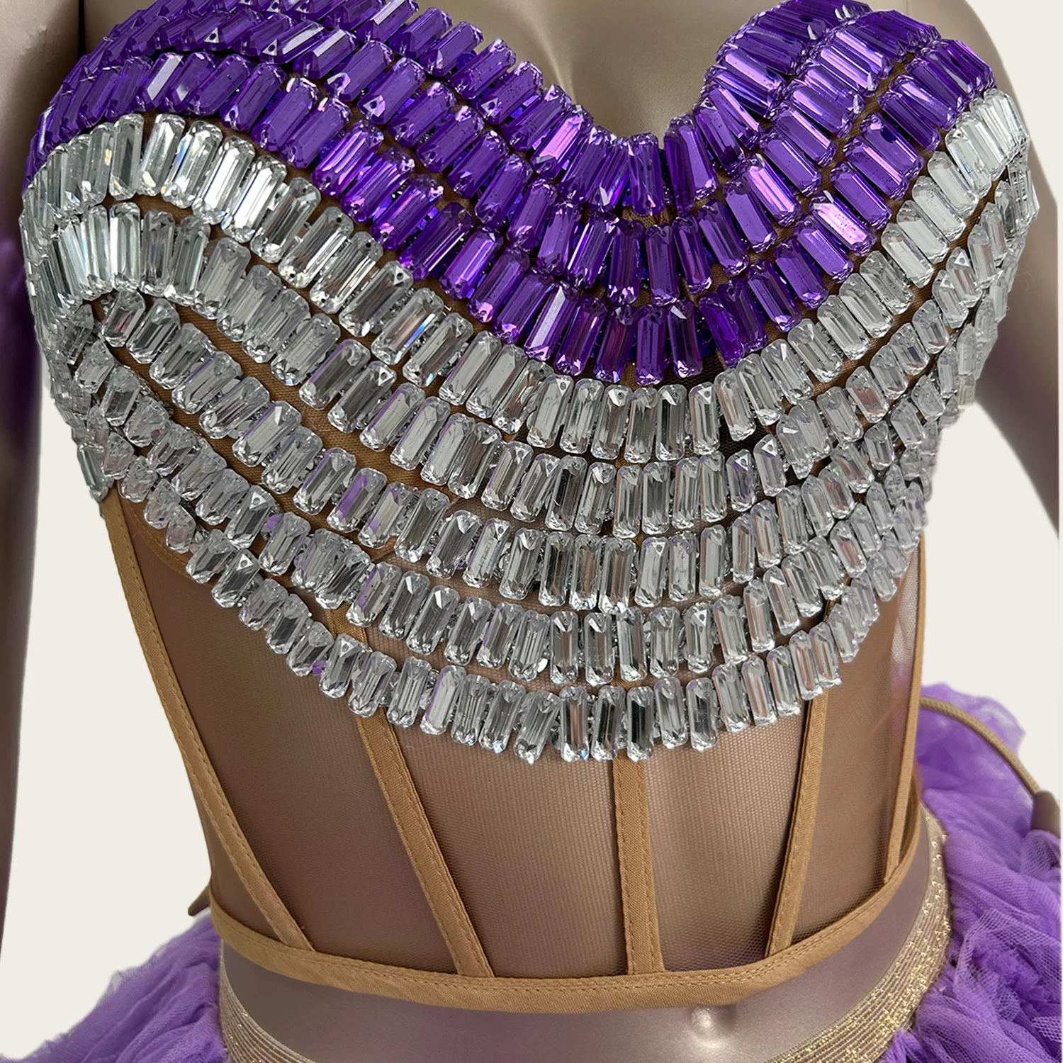 

Jijing Sexy Strapless Rhinestone Corset Dress Women Show Performance Crop Tops Mini Skirt 2Pieces Set Festival Purple Outfits
