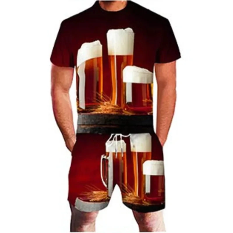 Summer Casual Round Neck T-Shirt Shorts 2 Piece Set Fashion Man Clothes Pullover Tracksuit Set Beer 3D Print Men\'s T-shirt Set